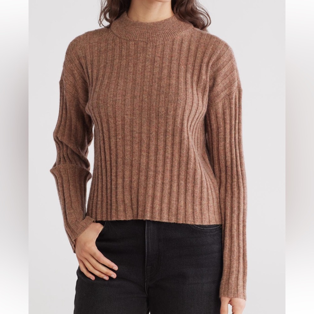 Madewell NWT Brown Wool Cotton Blend Mock Neck Ribbed Crop Knit Pullover Sweater